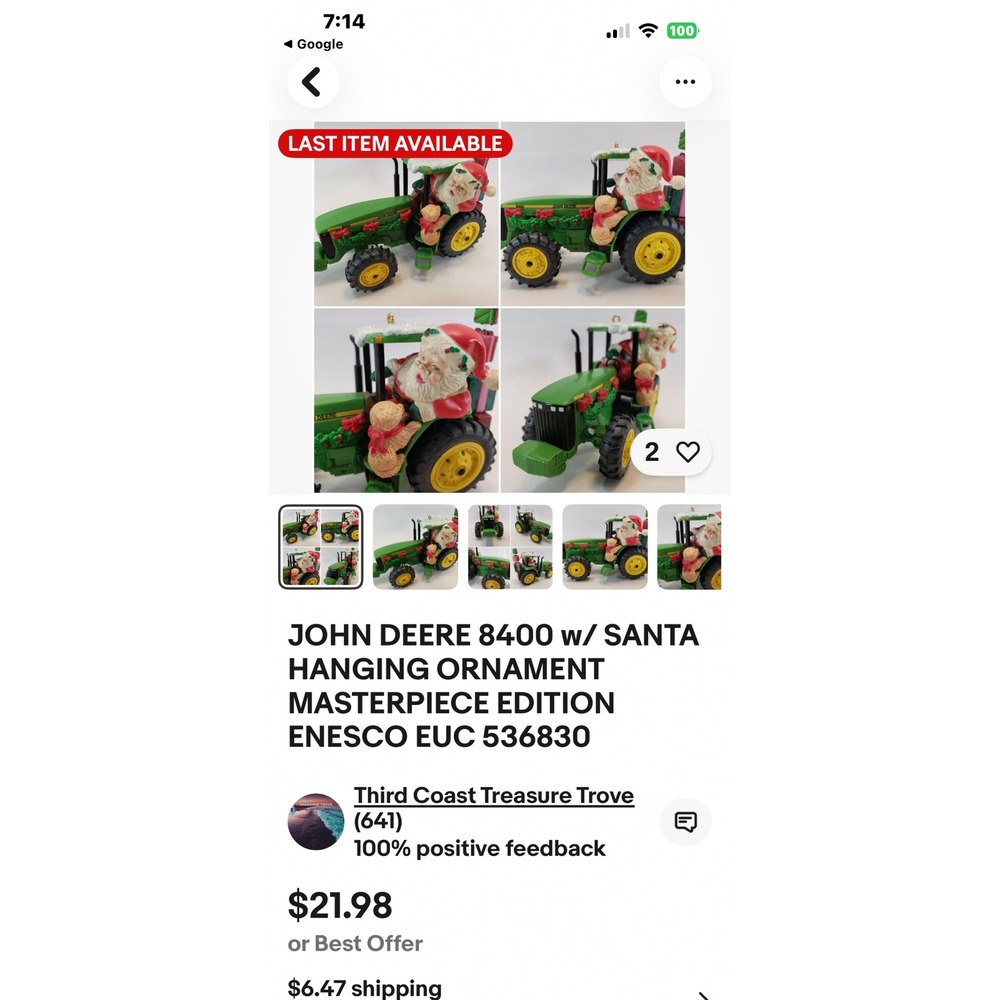 John Deere 8400 Tractor Santa Ornament Enesco Masterpiece Edition Christmas